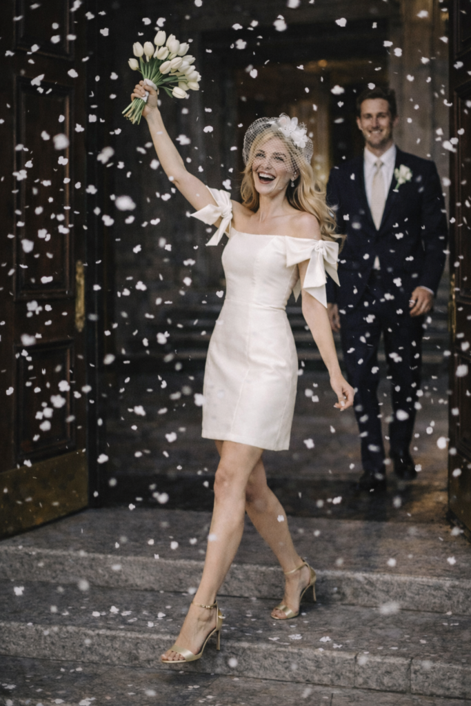 Off-the-shoulder short white wedding dress with bow sleeves, worn for a courthouse ceremony in a grand marble interior