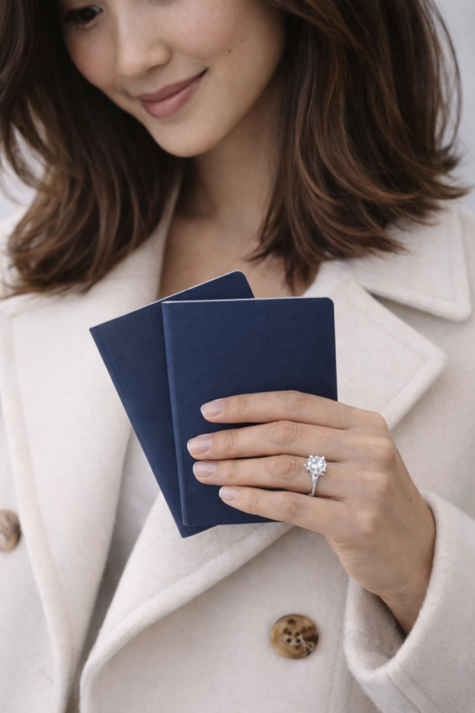 Woman holding passports while wearing a moissanite engagement ring