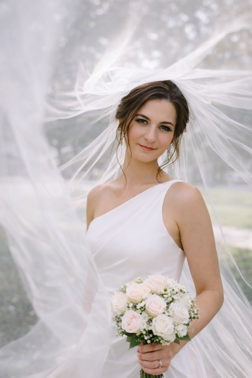 Bride wearing a modern one-shoulder white wedding dress with a veil and bouquet outdoors