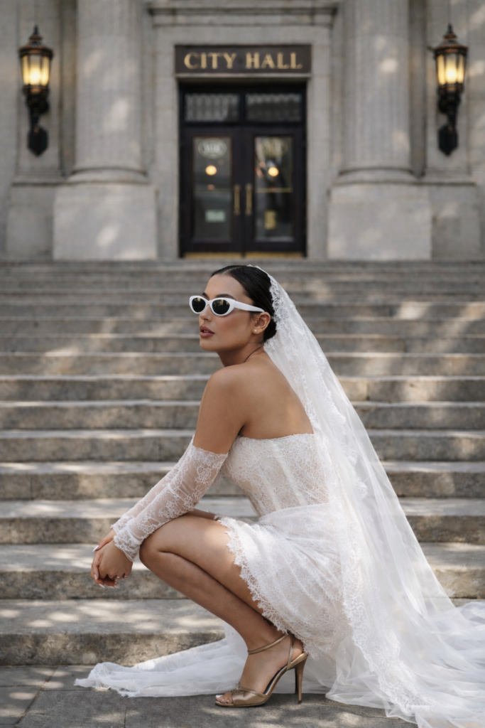 Bride wearing a strapless lace mini wedding dress with veil on city hall steps