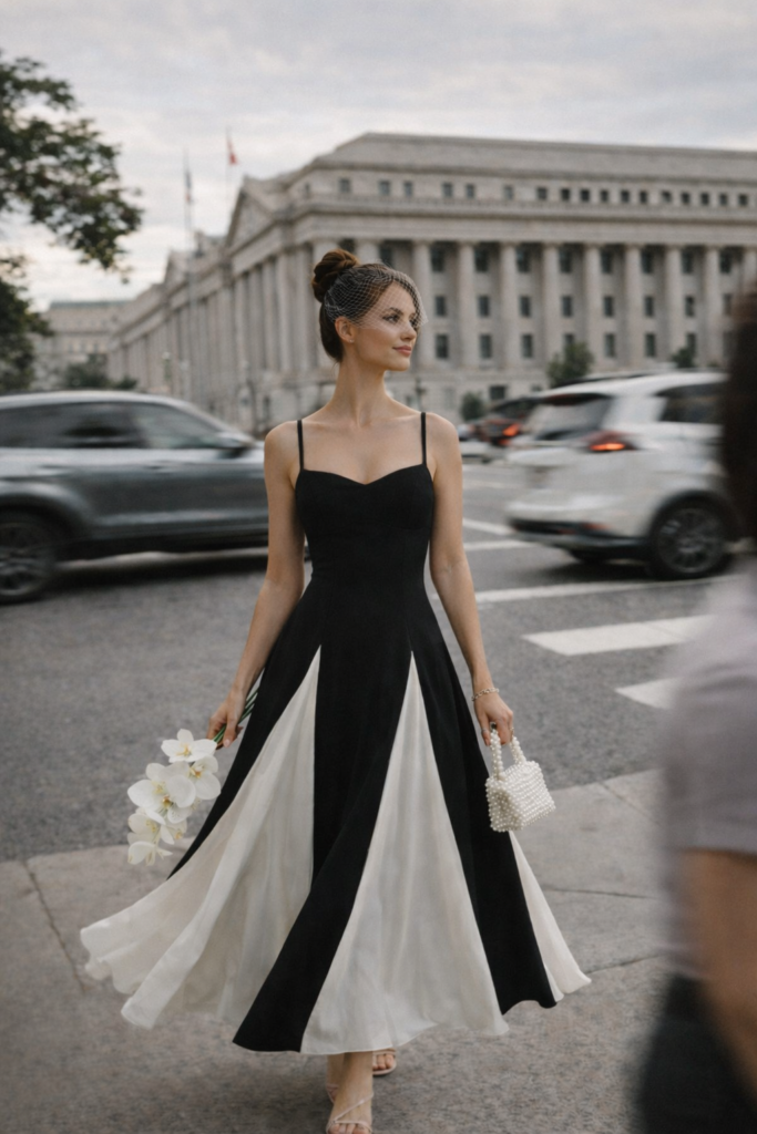 Bride wearing a black and white midi wedding dress with spaghetti straps, styled for a city courthouse ceremony
