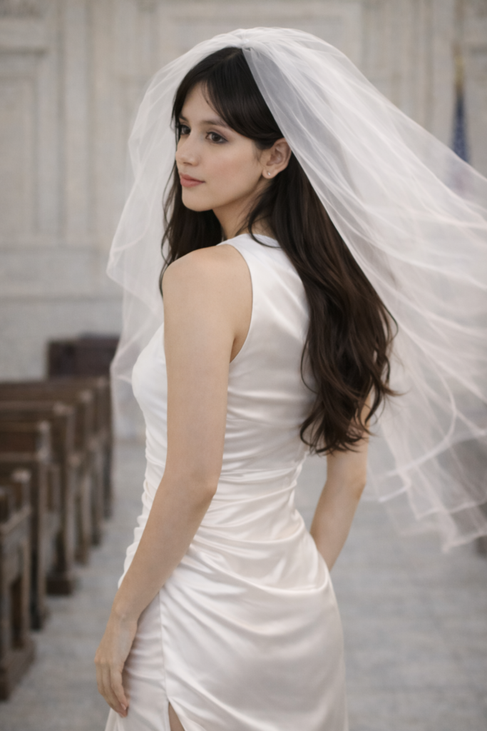 Bride wearing a one-shoulder satin wedding dress and short veil, during courthouse wedding.